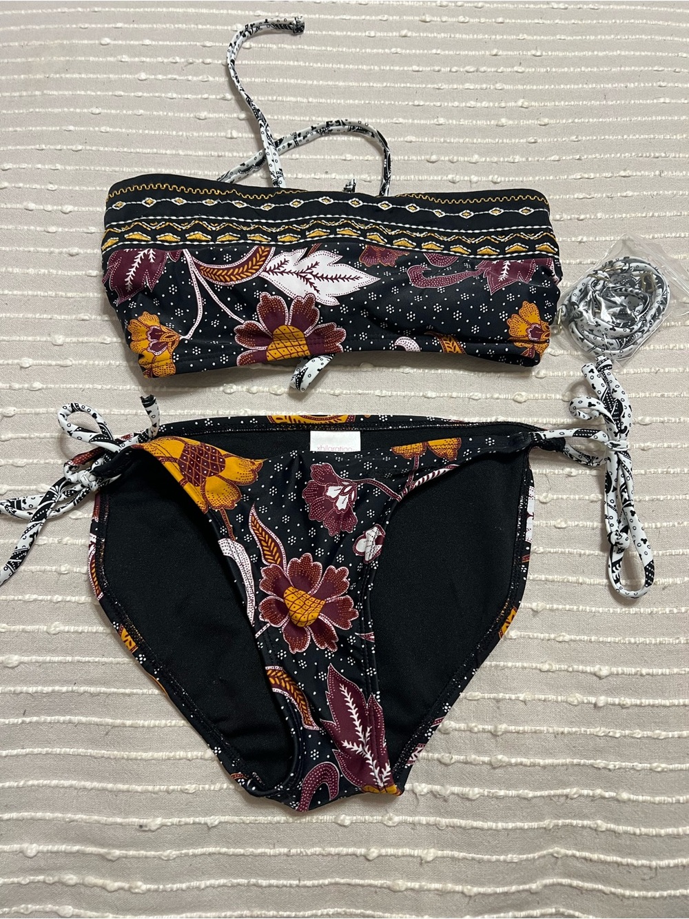 Xhilaration Black Floral Bandeau Bikini with Maroon & Mustard Accents